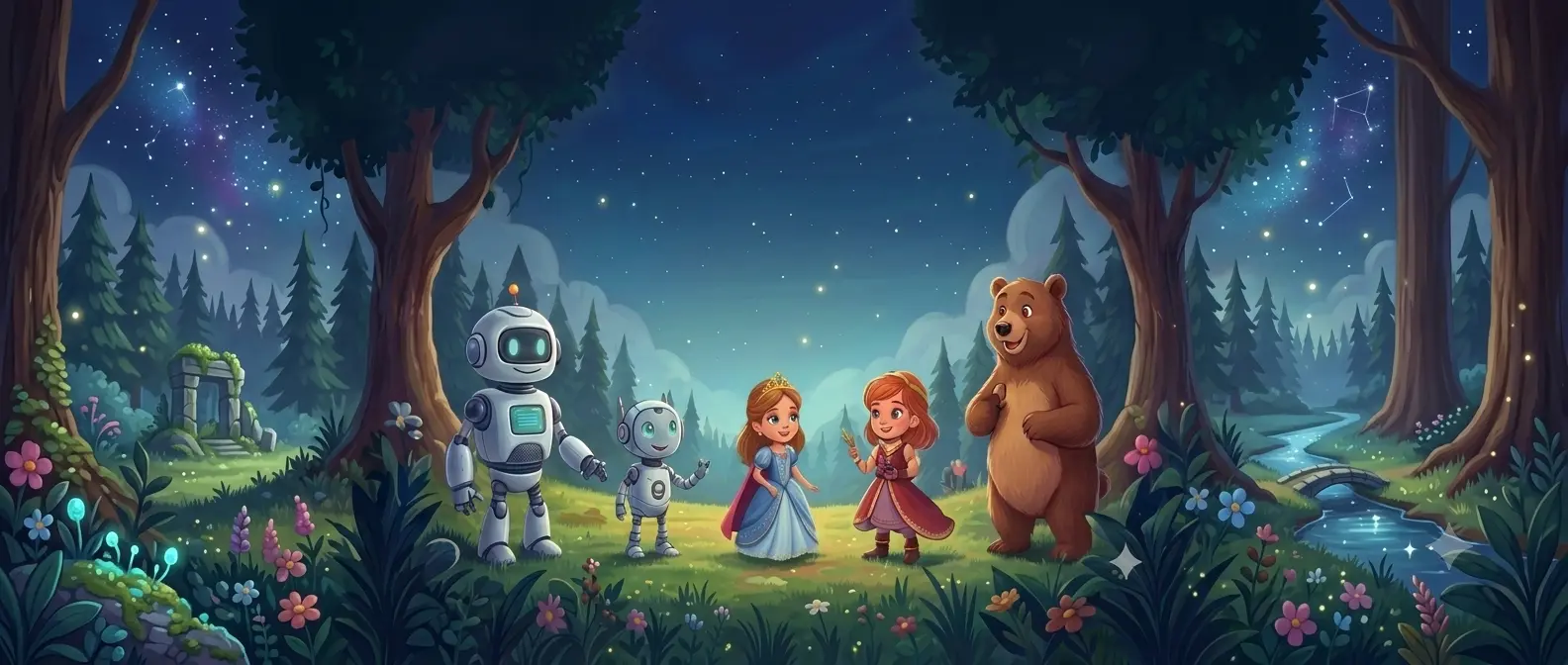 A robot, a princess, an adventurer and a bear meet in a starlit forest